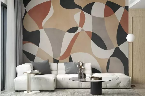Geometrikus absztrakt tapéta minimalista nappaliban