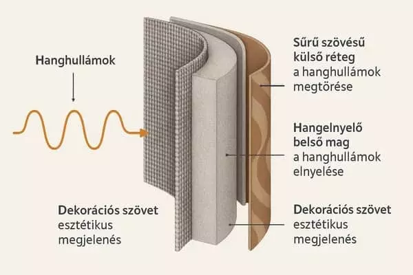 Akusztikai függöny rétegeinek metszeti ábrája – hangszigetelő textil felépítése magyarázattal