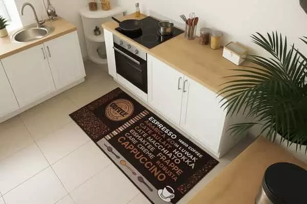 Kávé témájú barna szőnyeg fehér konyhaszekrény előtt