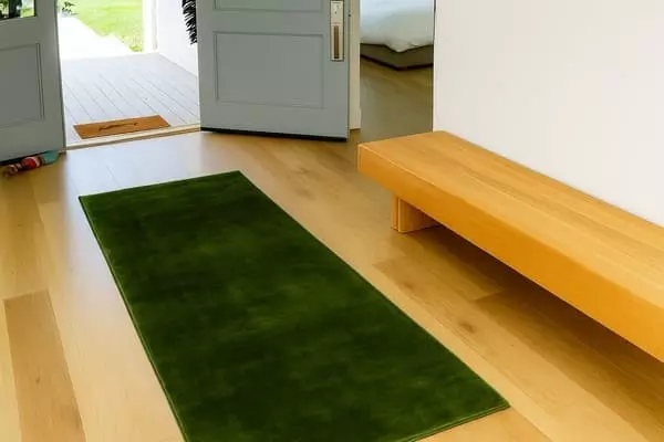 Egyszínű zöld futószőnyeg modern előszobában