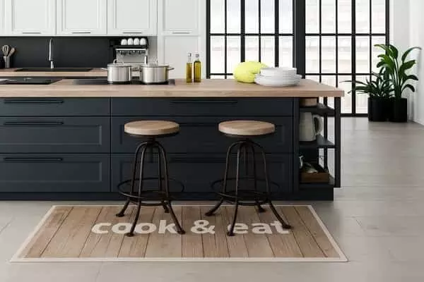Természetes hatású „cook & eat” feliratos szőnyeg modern konyhában